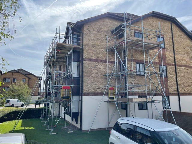 Scaffold tower for 2nd floor windows replacement in Bedford Scaffold tower for 2nd floor windows replacement in Bedford